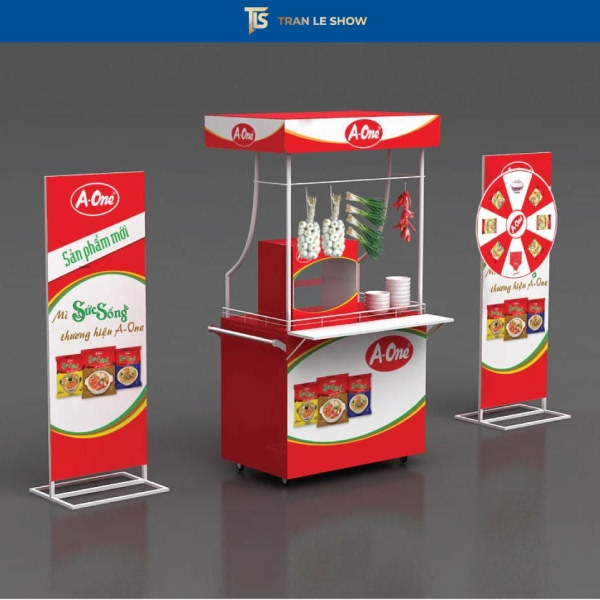 Booth bán hàng được thiết kế nổi bật, thu hút khách hàng và góp phần tăng doanh thu hiệu quả tại điểm bán