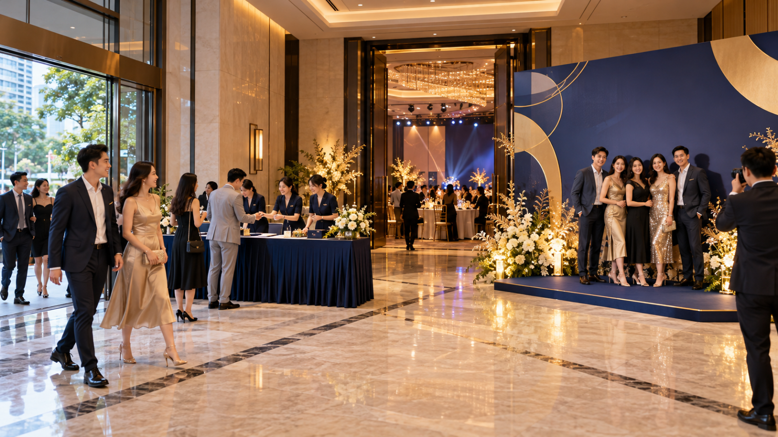 Ảnh minh họa tạo bằng AI: khu check-in Year End Party tách bàn đón khách và backdrop chụp ảnh để luồng di chuyển thông thoáng.