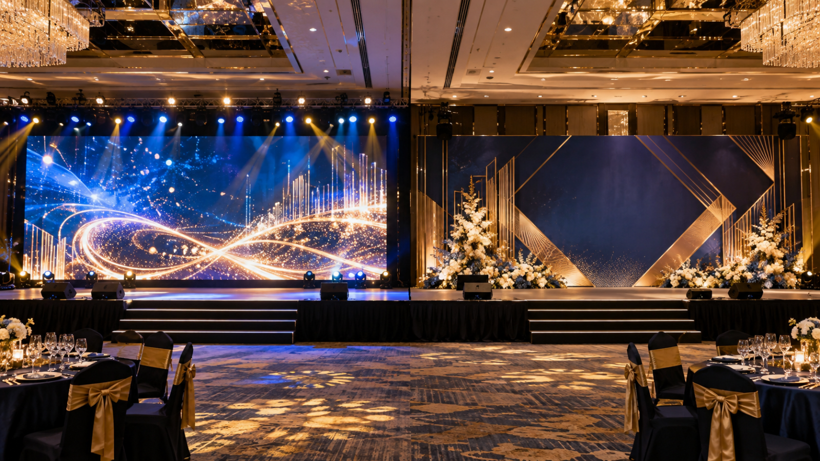 Ảnh minh họa tạo bằng AI: so sánh màn hình LED và backdrop in bạt cho sân khấu Year End Party