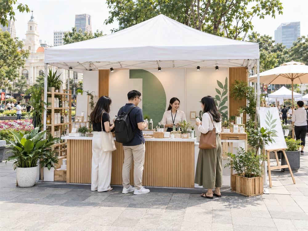 Ảnh minh họa tạo bằng AI: booth quảng bá sản phẩm ngoài trời có mái che, quầy trưng bày và khách tham quan