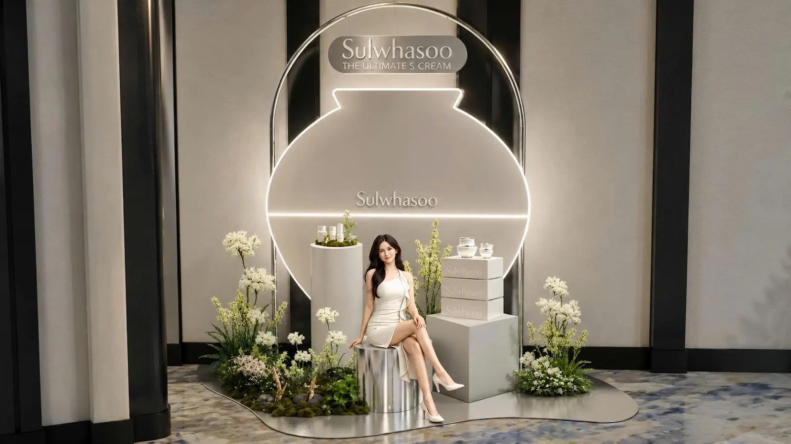 Không gian check-in Booth Sulwhasoo với hoa trắng và bục trưng bày