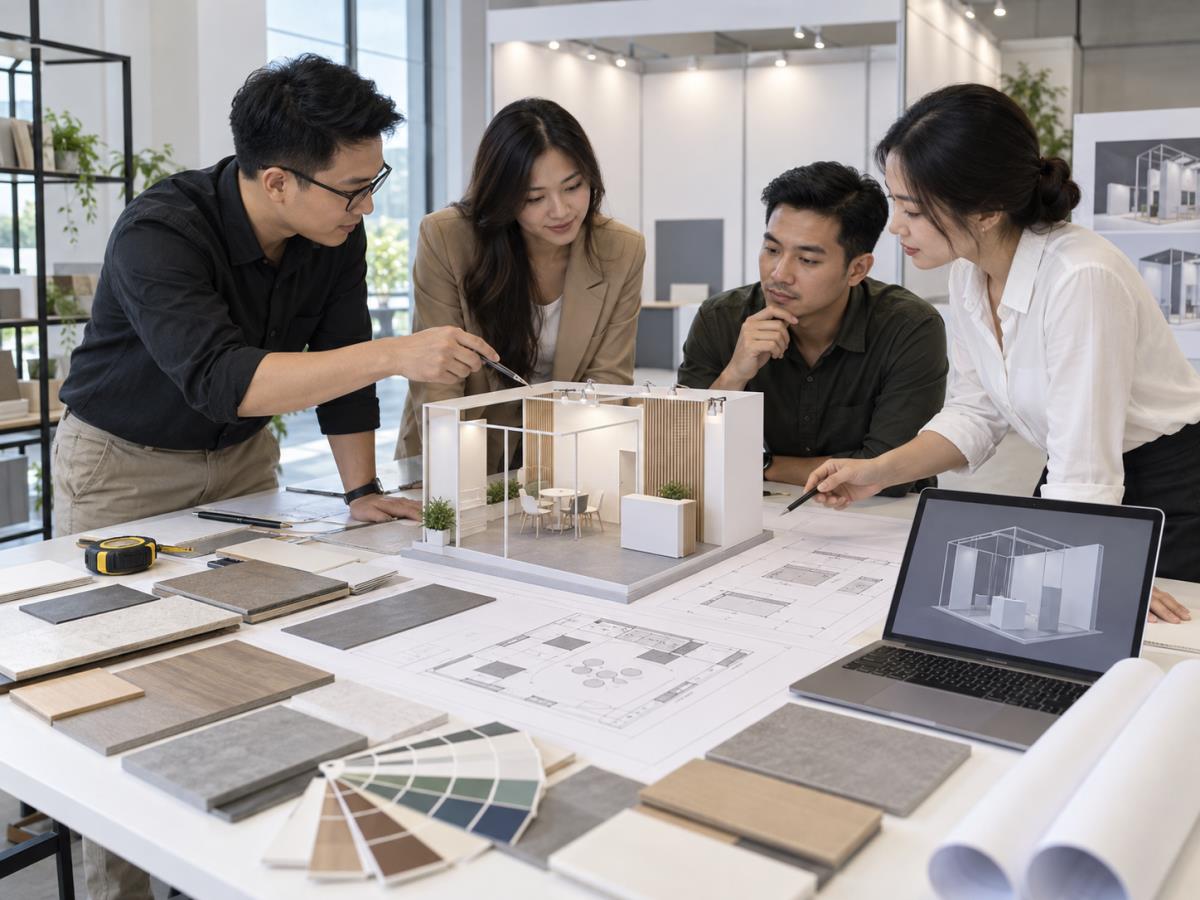 Ảnh minh họa tạo bằng AI: đội ngũ trao đổi brief thiết kế booth sự kiện