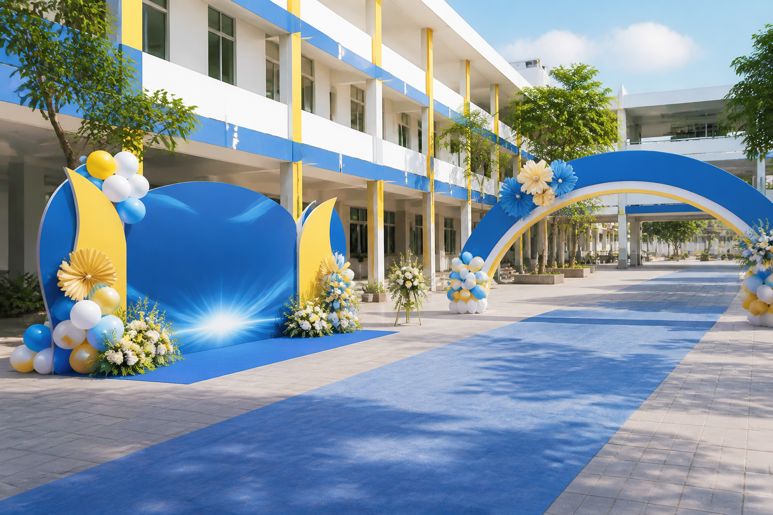 Ảnh minh họa tạo bằng AI: khu check-in và cổng chào lễ khai giảng với lối đi thông thoáng