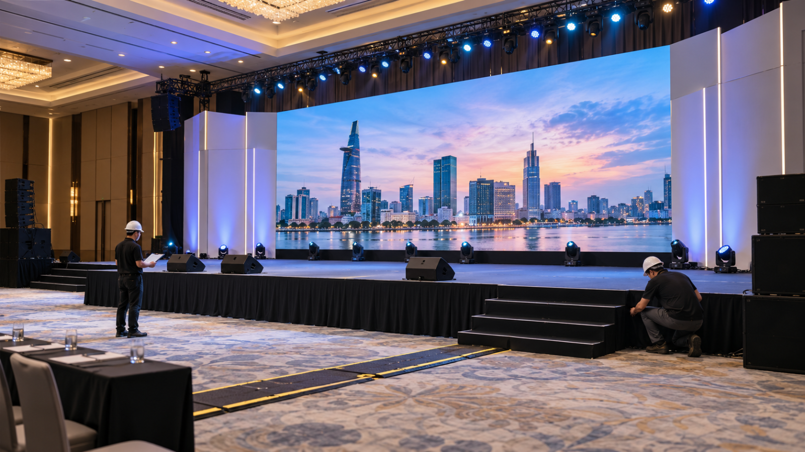 Ảnh minh họa tạo bằng AI về kiểm tra sân khấu và backdrop trước giờ G