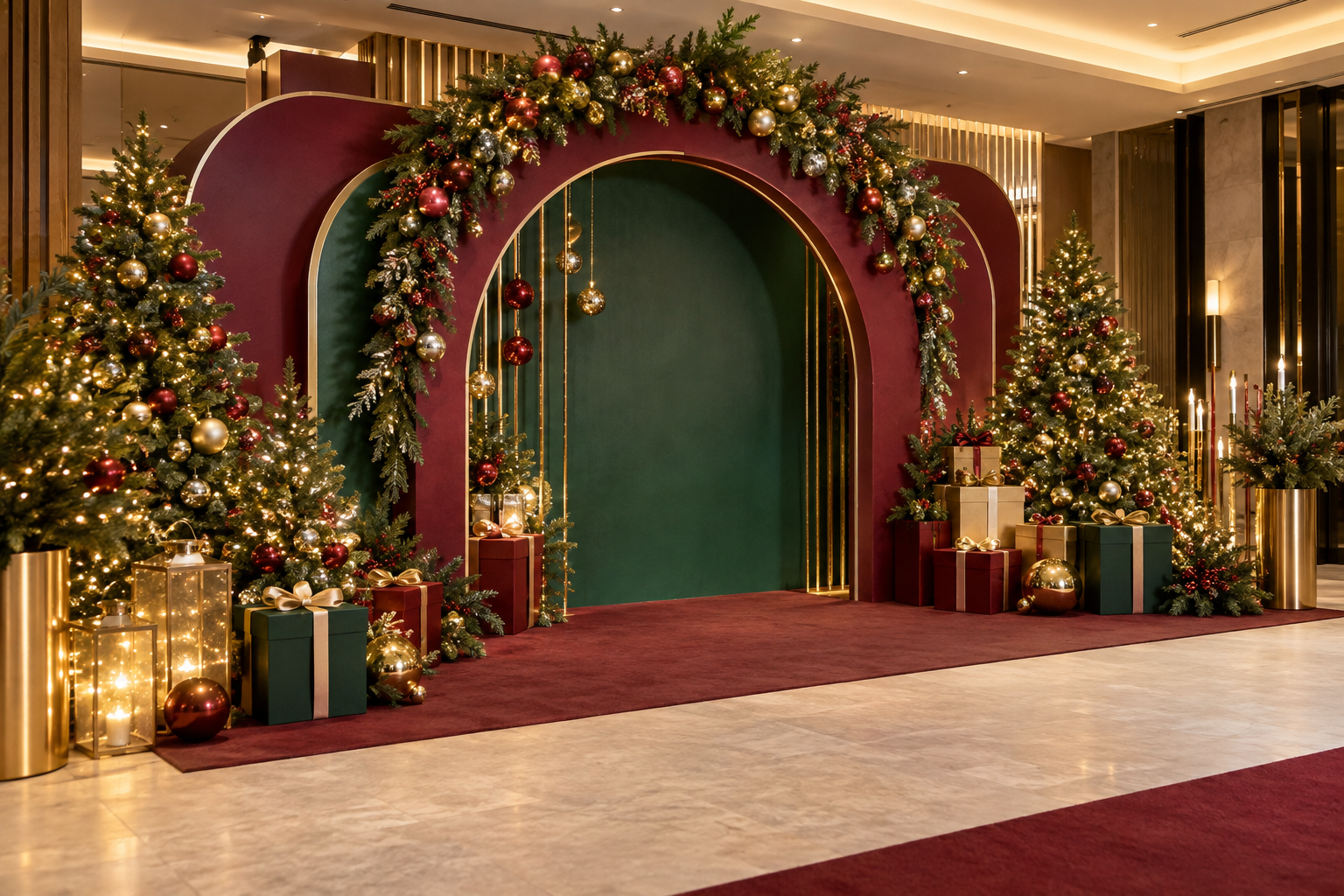 Ảnh minh họa tạo bằng AI: photobooth Noel cho doanh nghiệp với backdrop vòm và lối chụp ảnh thông thoáng