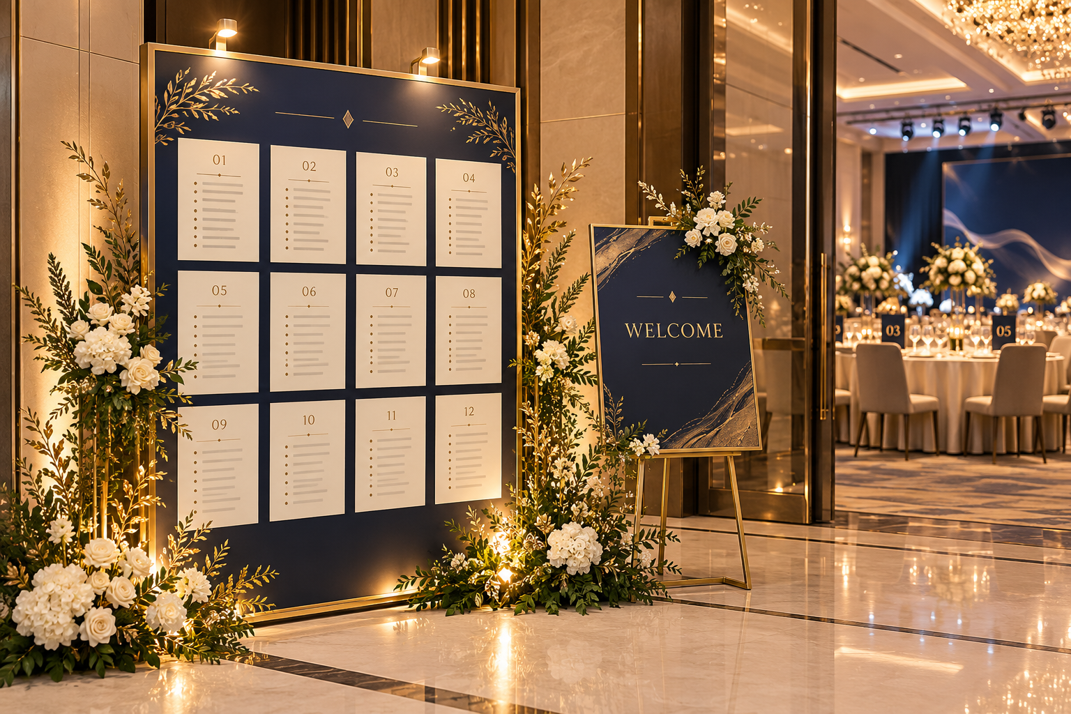 Ảnh minh họa tạo bằng AI: bảng seating chart và bảng welcome cho Year End Party