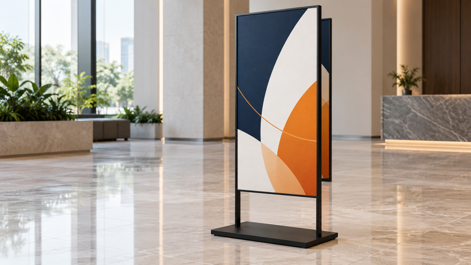 Ảnh minh họa tạo bằng AI: standee chân sắt nhiều kích thước với mặt Formex in UV và đế thép chữ nhật