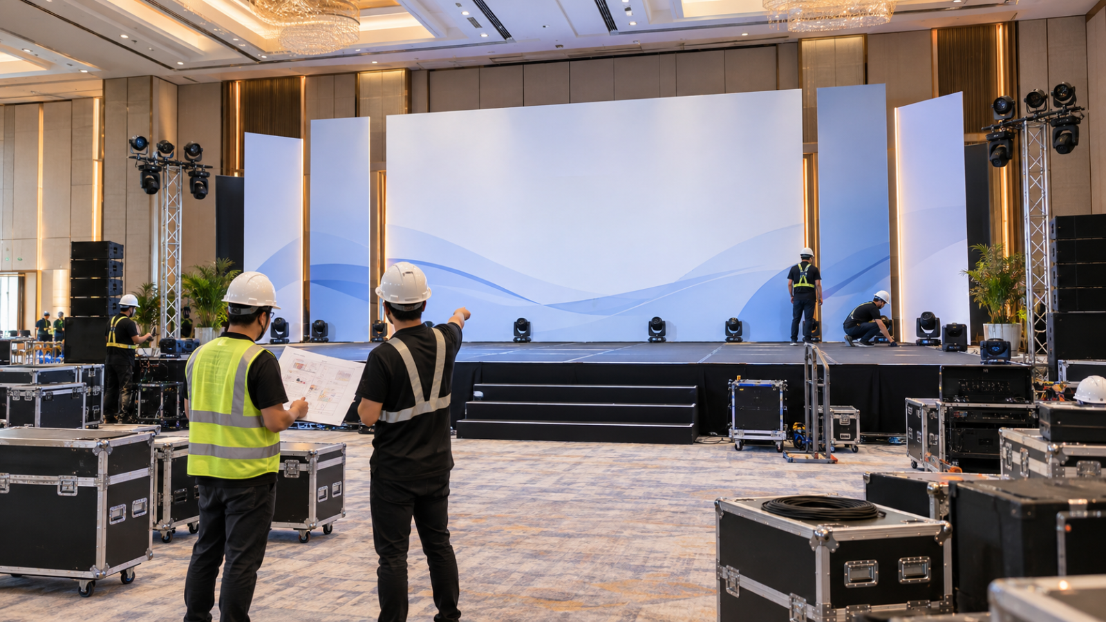 Ảnh minh họa tạo bằng AI về đội ngũ chuẩn bị sân khấu và backdrop theo timeline thi công
