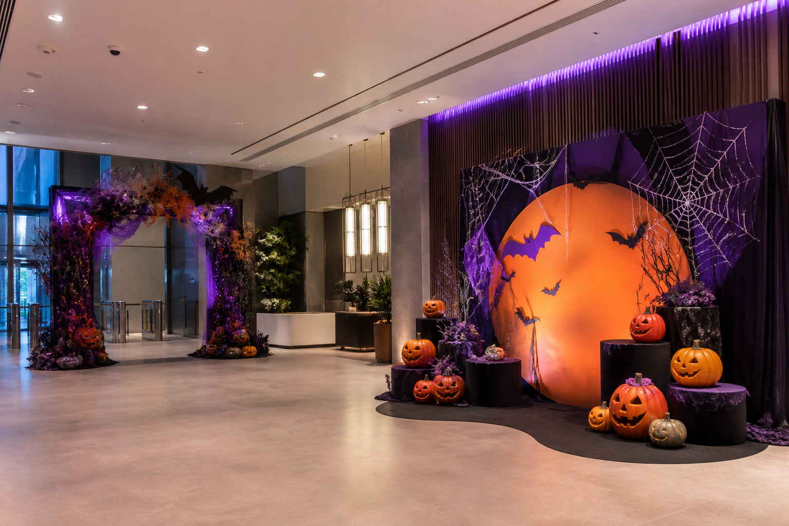 Ảnh minh họa tạo bằng AI: khu trang trí Halloween doanh nghiệp với backdrop, cổng check-in và lối đi thông thoáng