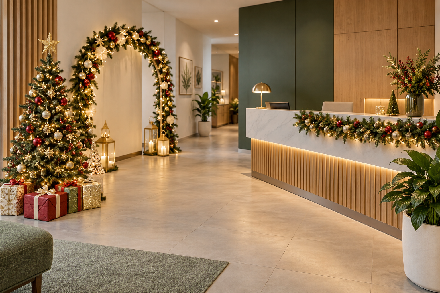 Ảnh minh họa tạo bằng AI: góc trang trí Noel gọn tại sảnh lễ tân văn phòng